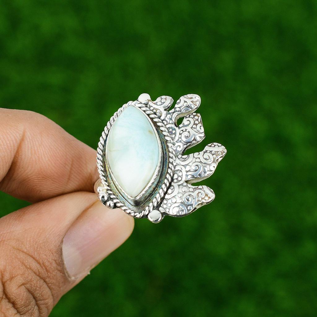 Gift For Her 925 Silver Natural Larimar Gemstone Multi Stone Adjustable Ring