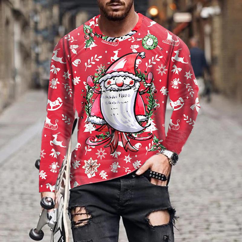 Осенняя футболка, новая мужская футболка с длинным рукавом и цифровым принтом, свободная толстовка с круглым вырезом и рождественским принтом, 3D футболка