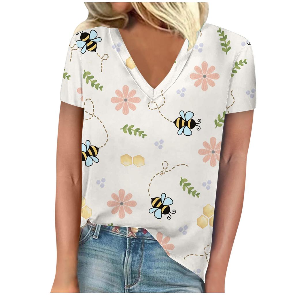 Винтажная женская футболка с принтом пчелы, с коротким рукавом, с V-образным вырезом, удобные футболки