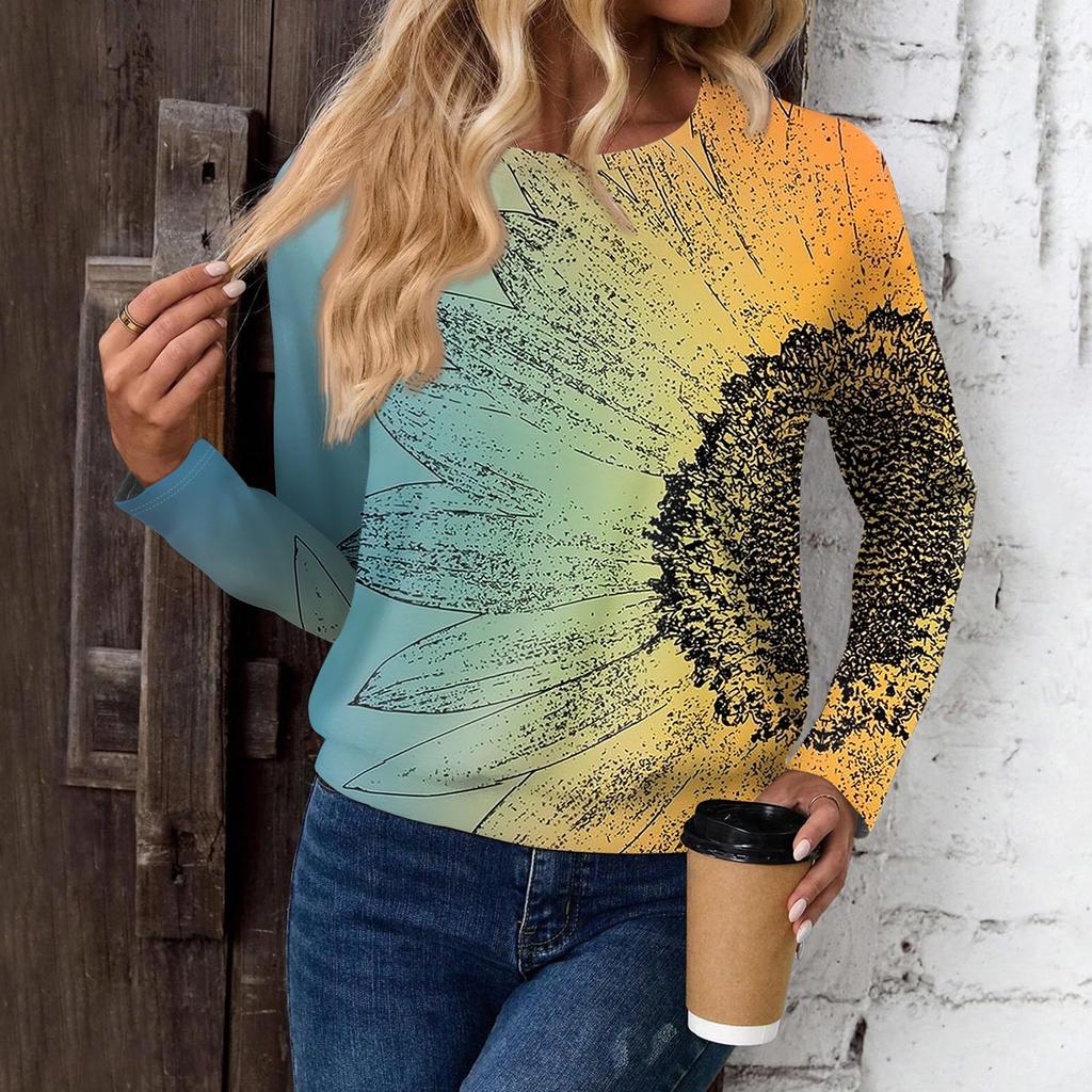 Women's Fashionable Casual Long Sleeved Printed Off Shoulder Round Neck Top