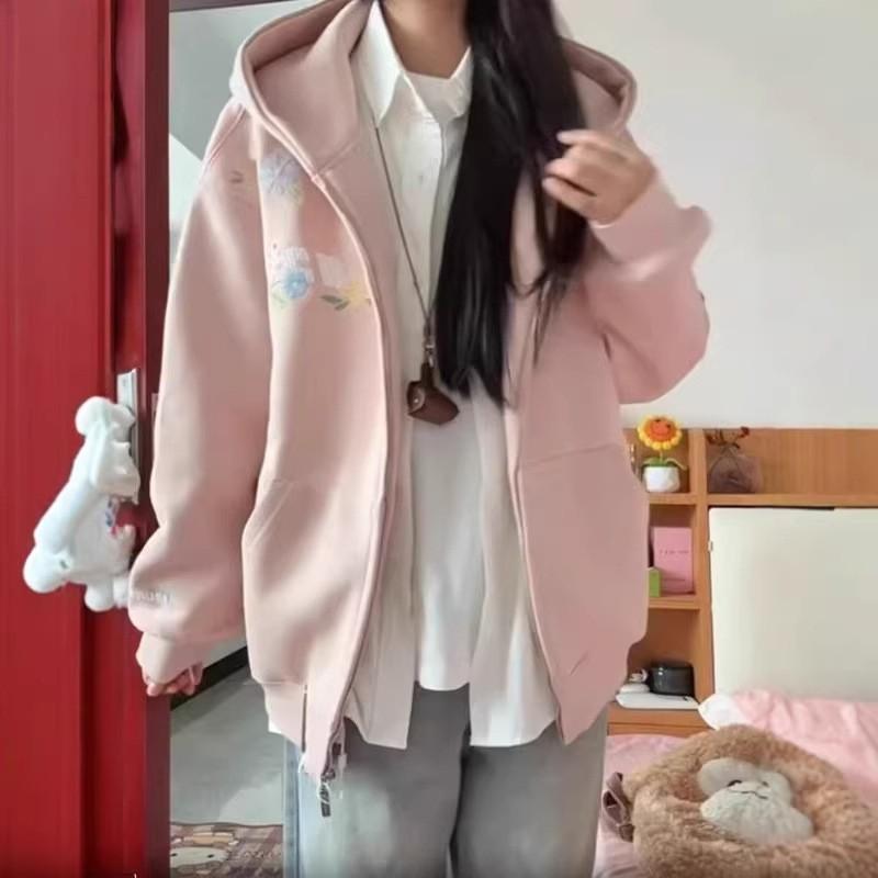 Womens Oversized Hooded Zip-Up Sweatshirt With Embroidered Floral Design Fall Winter 2026 Loose Fit Cotton Blend