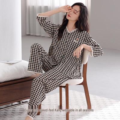 Женская клетчатая пижама из лайкры и хлопка, комплект премиум-класса с длинным рукавом, осень/зима