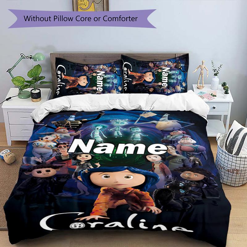 3pcs Coraline2 Cover Set - Personalized Name, HD Printed Bedding with 1 Cover and 2 Pillowcases - Perfect for Home Decor, Easy Care