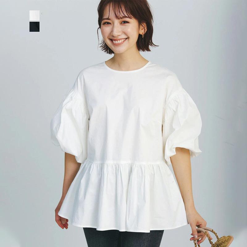 New Summer Round Neck Lantern Sleeve Pleated Shirt for Women Solid Color Cotton Niche Shirt for Women