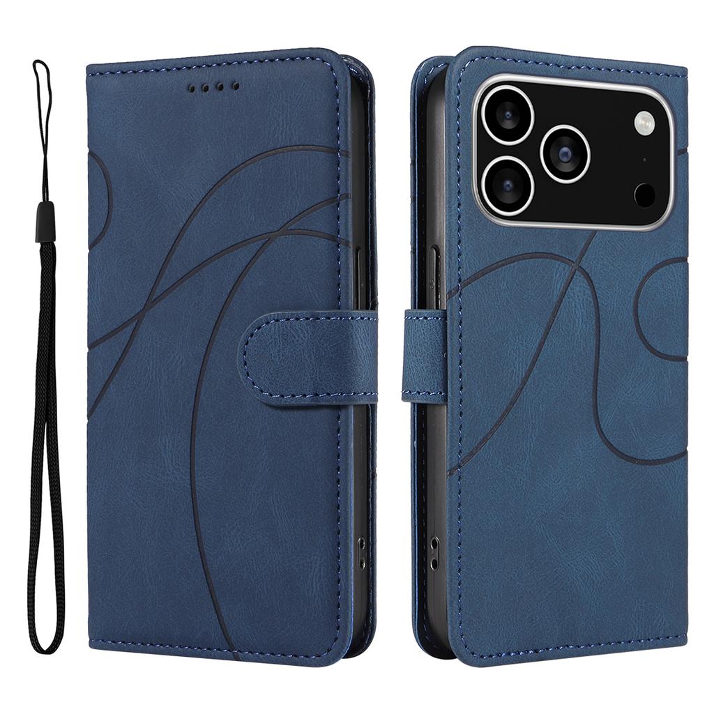 For iPhone 17 Pro Wallet Case Leather Phone Cover Stand with Curved Line Design