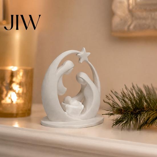 Holy Family Figurine 3D Printed Ornament, Abstract Crescent Sculpture with Statue Star, Religious Desktop Decoration for Christmas Fireplace