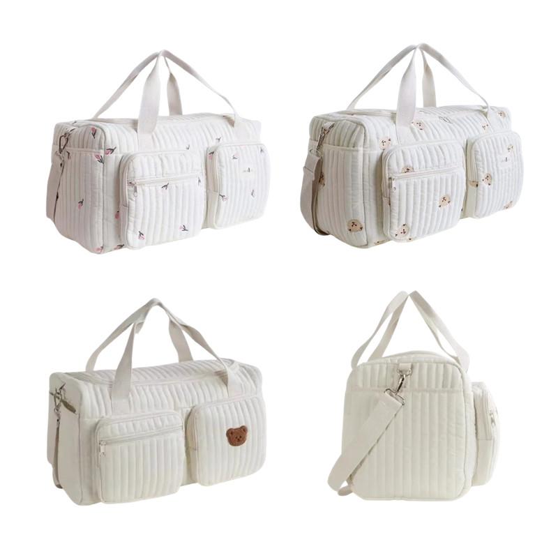 New Luggage Bag Diaper Bag Cute Bear Flower Embroidery Pattern Tote Bag Beige Cotton Fabric Zipper Diaper Handbag