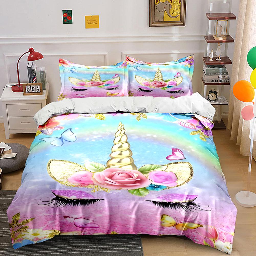 3Pcs Glitter Floral Unicorn Face Duvet Cover Set, Rainbow Pastel Girly Bedding Includes 1 Duvet Cover And 2 Pillowcase, Gift
