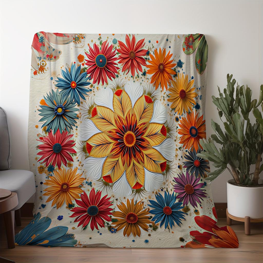 1pc Sdoo Flannel Blanket - Floral Throw with Large Floral Pattern in Orange, Blue, Red, Yellow, Green, - Soft Cozy All-Season Bl