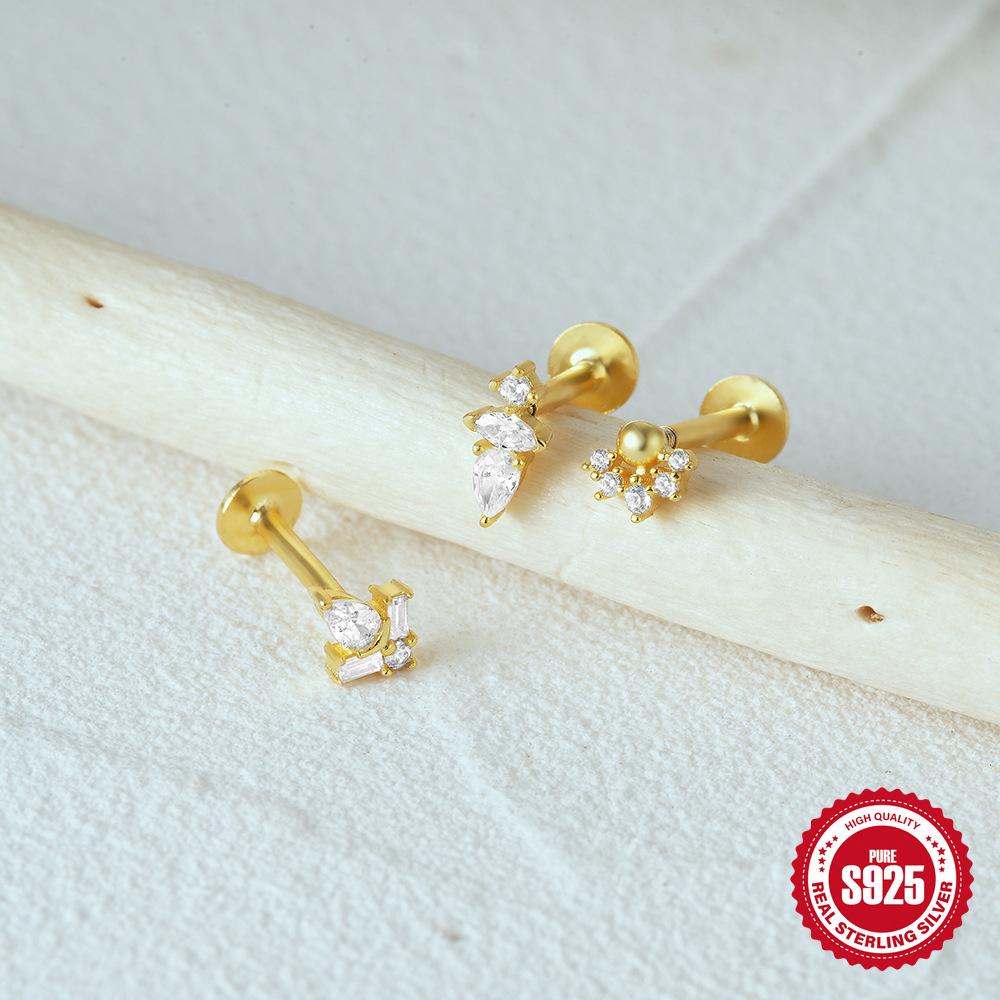 Серьги-пусеты из стерлингового серебра S925, Ins-ветер, геометрия, драгоценный камень, модный пирсинг, внутренняя резьба, плоское дно, 16G, для козелка уха