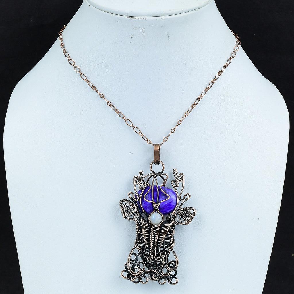 Подвеска из чароита, медная проволока, обернутая подвеской из драгоценных камней, медные украшения, подвеска в виде оленьей морды, подвеска из радужного лунного камня, украшения ручной работы для подарков