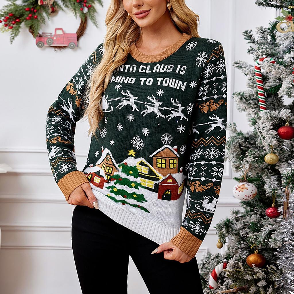 Женская мода Красный Санта-Клаус Длинный рукав Круглый вырез свитер