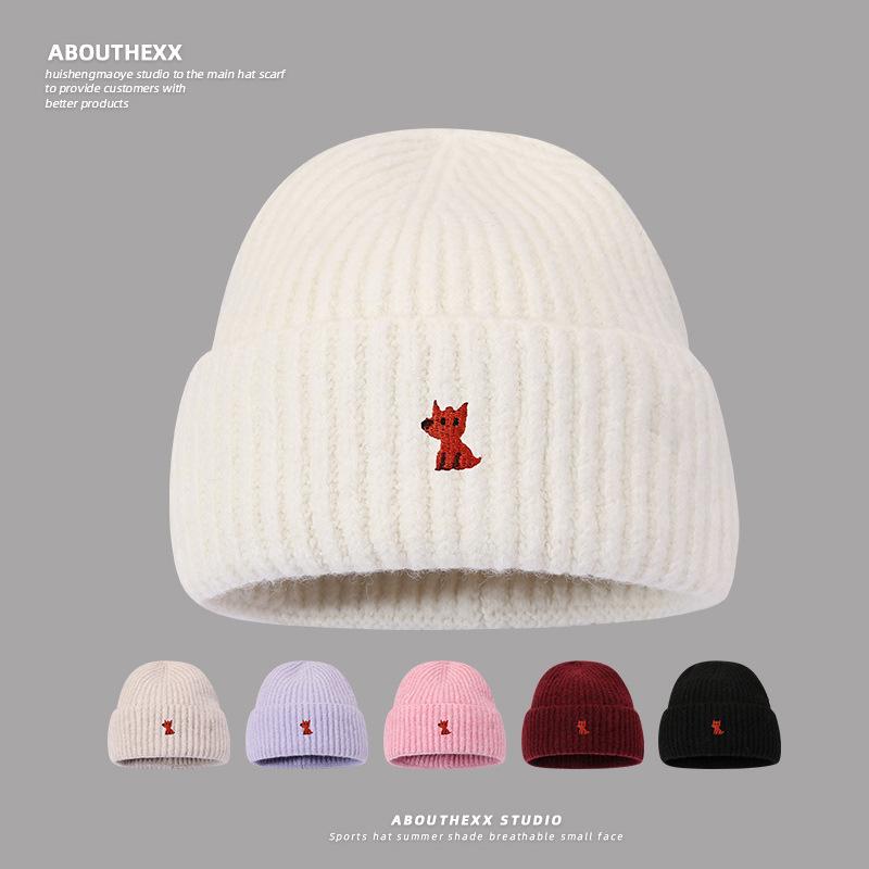 Autumn and Winter Warm Knitted Hats for Men and Women Korean Style Small Fox Embroidered Loose Big Head Circumference Woolen Hat Ins Trend