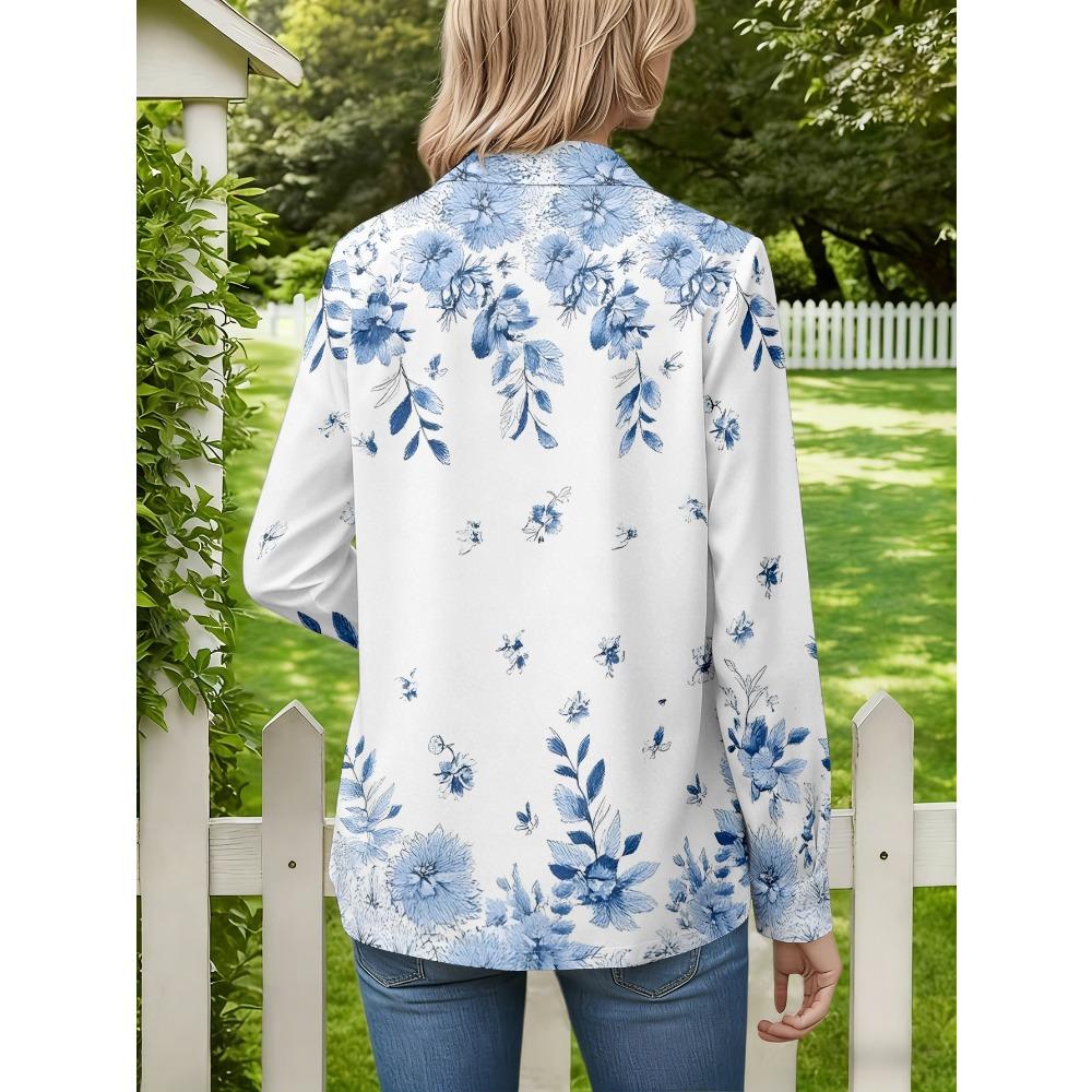 New women's lapel button-down shirt blue and white floral foliage pattern, casual versatile button-down long-sleeved top