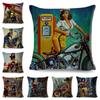 Vintage Sexy Motorcycle Lady Pillow Case Decor Oil Painting Cartoon Women Cushion Cover for Sofa Car Polyester Pillowcase 45x45