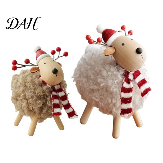 Festive Atmosphere Decorations Wooden Christmas Sheep Figurine with Scarf Santa Hat, Plush Fleece Decorative Items for Entrances Lamb Tabletop