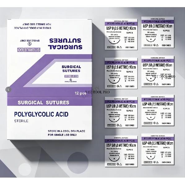 Veterinary Absorbable Sutures, Polyglycolic Suture (0/2/3/4 Medical Suture) (12 Pcs/90cm Round/Reverse Suture Thread)