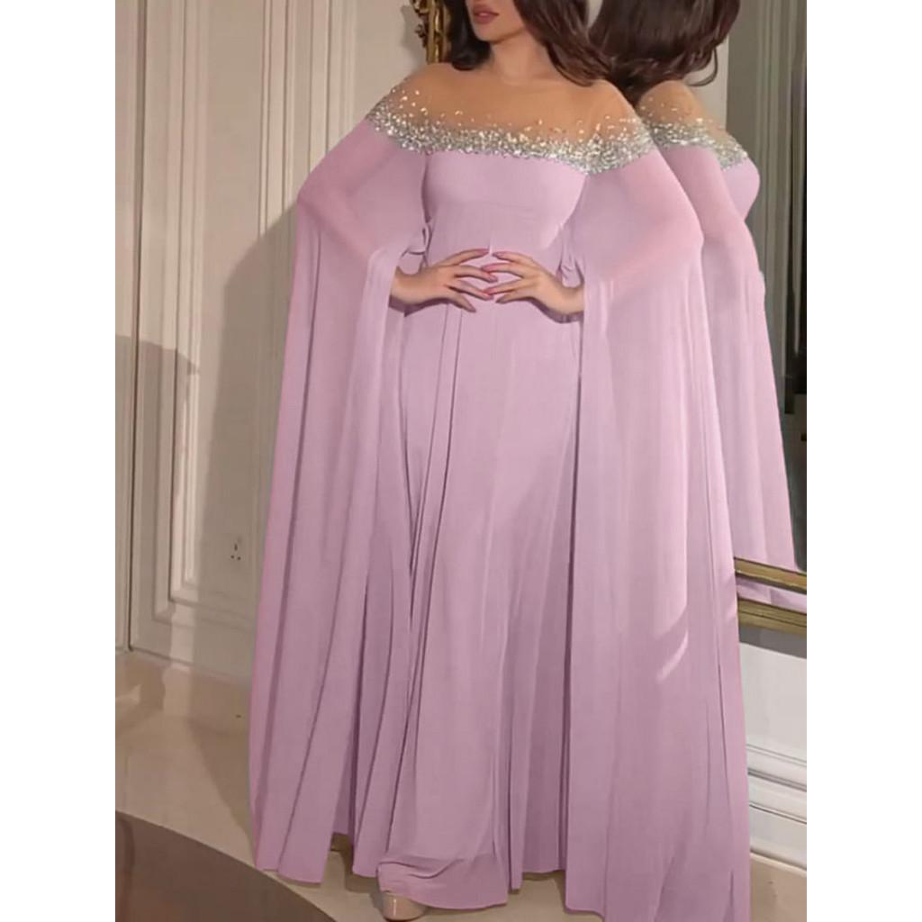 Women Elegant Round Neck Rhinestone Pearl Long Sleeves Kaftan Middle East Bride Bridesmaids Wedding Long Dress Gorgeous Party Maxi Ball Gowns