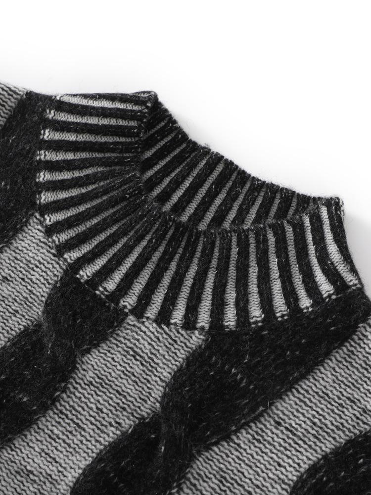 Heavyweight Contrast Color Cable Knit Cashmere Sweater - Autumn/Winter, Long Sleeve, Textured, Thick, Fashionable, Loose Fit Knitwear.