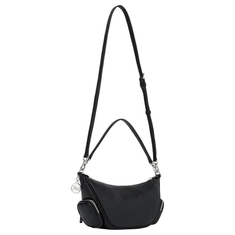MICHAEL KORS MERRITT Silver Hardware Cowhide Shoulder Bag Small Women's Black