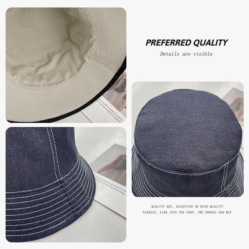 Reversible denim fisherman hat for spring and autumn, outdoor sun protection, vintage versatile large head circumference bucket hat for women