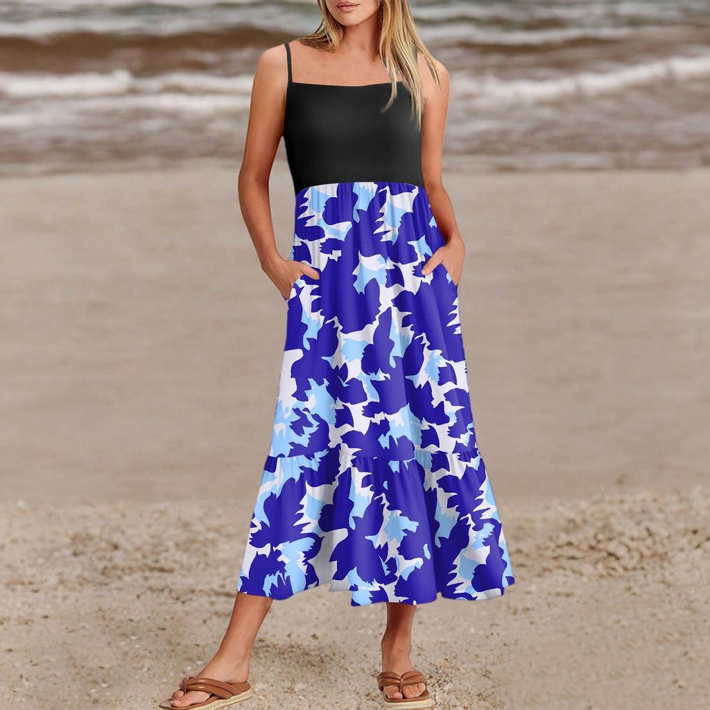 Women's Summer Spaghetti Strap Patchwork Beach Vacation Floral With Pocket Dresses