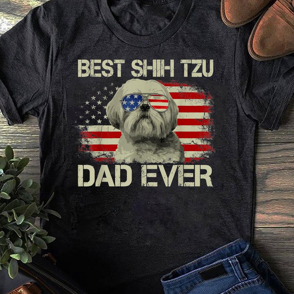 Mens Best Shih Tzu Dad Ever Tshirt Dog Lover American Flag Gift T-Shirt - Gift for Dog Lovers - Funny Dog - Shih Tzu Mom - Mother's Day