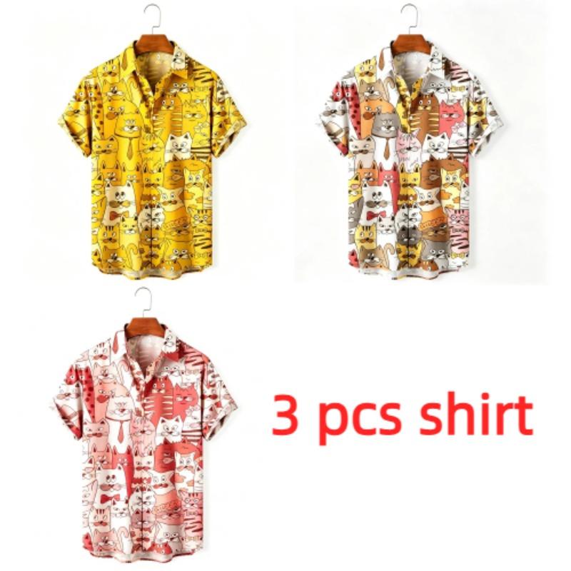 Summer Fashion Anime Cartoon Animal Cat Printing Shirt Hawaiian Beach Vacation Clothing Men's Street Style Shirt Daily Men's and Women's Shirt