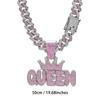 Women's Pink Diamond Crown, QUEEN Letter Pendant, Diamond Cuban Necklace Long Hip Hop Female Accessory