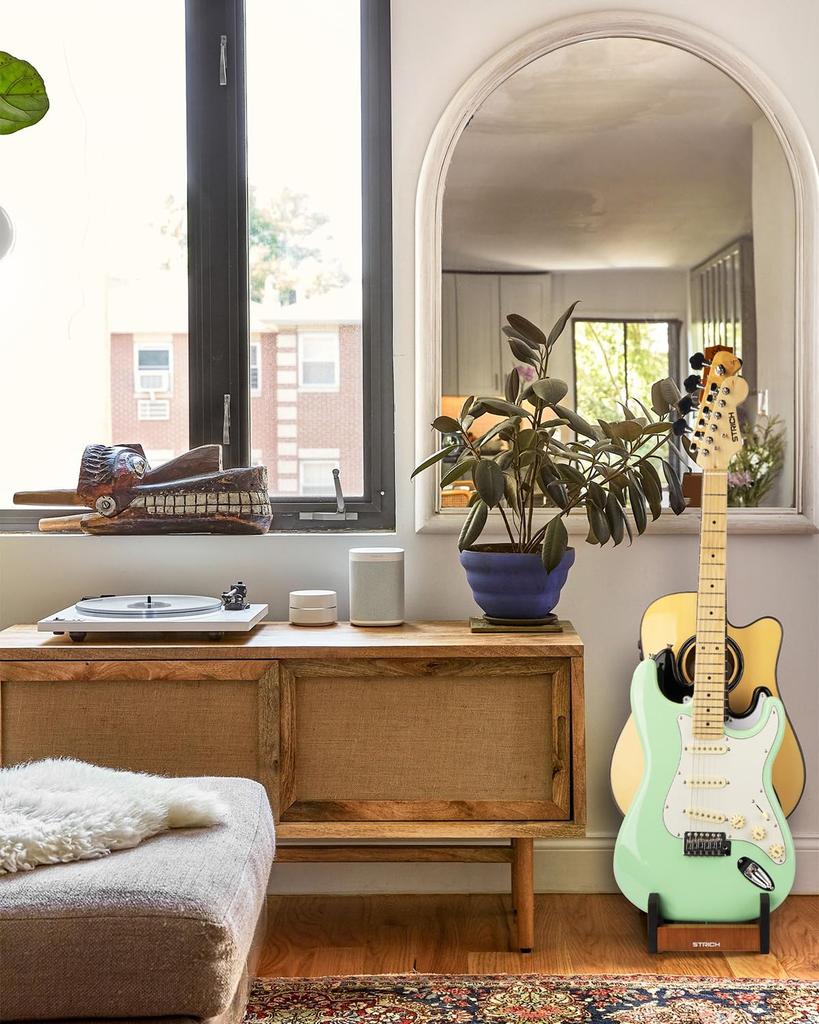 STRICH Wooden Guitar Front Mahogany Color for and Stage Use 2 Electric and 1 Acoustic L-2E1AM Floor-Mounted Stand, 3-Guitar Stand, Display,