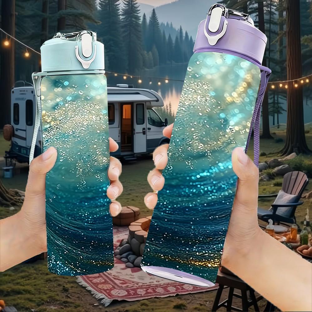 1PC Turquoise Gold Fluid Marble Pattern 750ml Color Plastic Sports Water Bottle Leakproof Flip Straw Lid Suitable for Sports Office Home Use