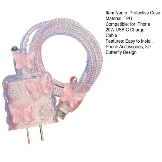 Защитный чехол для адаптера питания USB-C 20 Вт для iPhone, кабель для зарядки, 3D мультяшная бабочка, защитная крышка для зарядного устройства, протектор зарядного кабеля