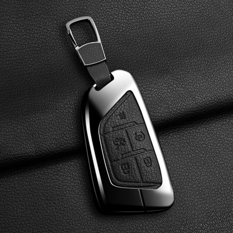 Zinc Alloy + Leather 5 Buttons Car Key Case Cover Fob Holder Shell For Cadillac CT4 CT5 CT4-V C8 Corvette Escalade