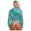 Womens Sparkly Sheer Top Hooded Long Sleeve Cropped Design Loose Fit Tops Club Rave Party