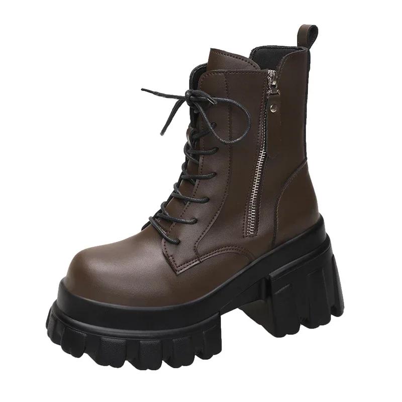 Модные осенние женские высокие ботильоны на платформе, зимние толстые подошвы, мотоциклетные ботинки, каблук 9,5 см, толстые металлические короткие кожаные кроссовки для женщин