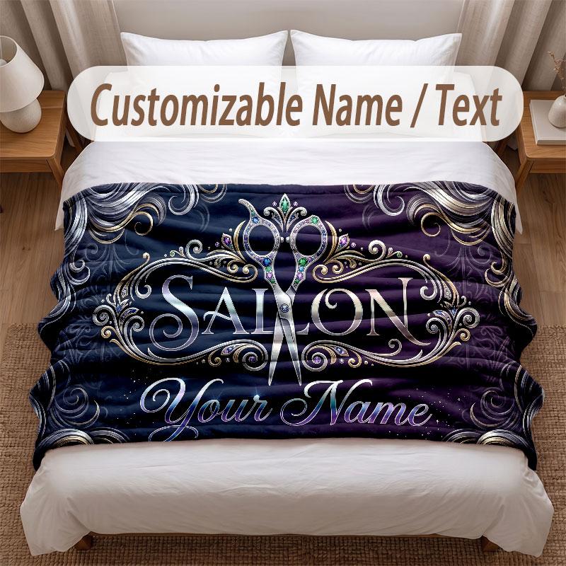 Barber Salon Theme Soft Blanket Personalized Custom Name Text Print Warm Blanket Home Sofa Bedroom Decor
