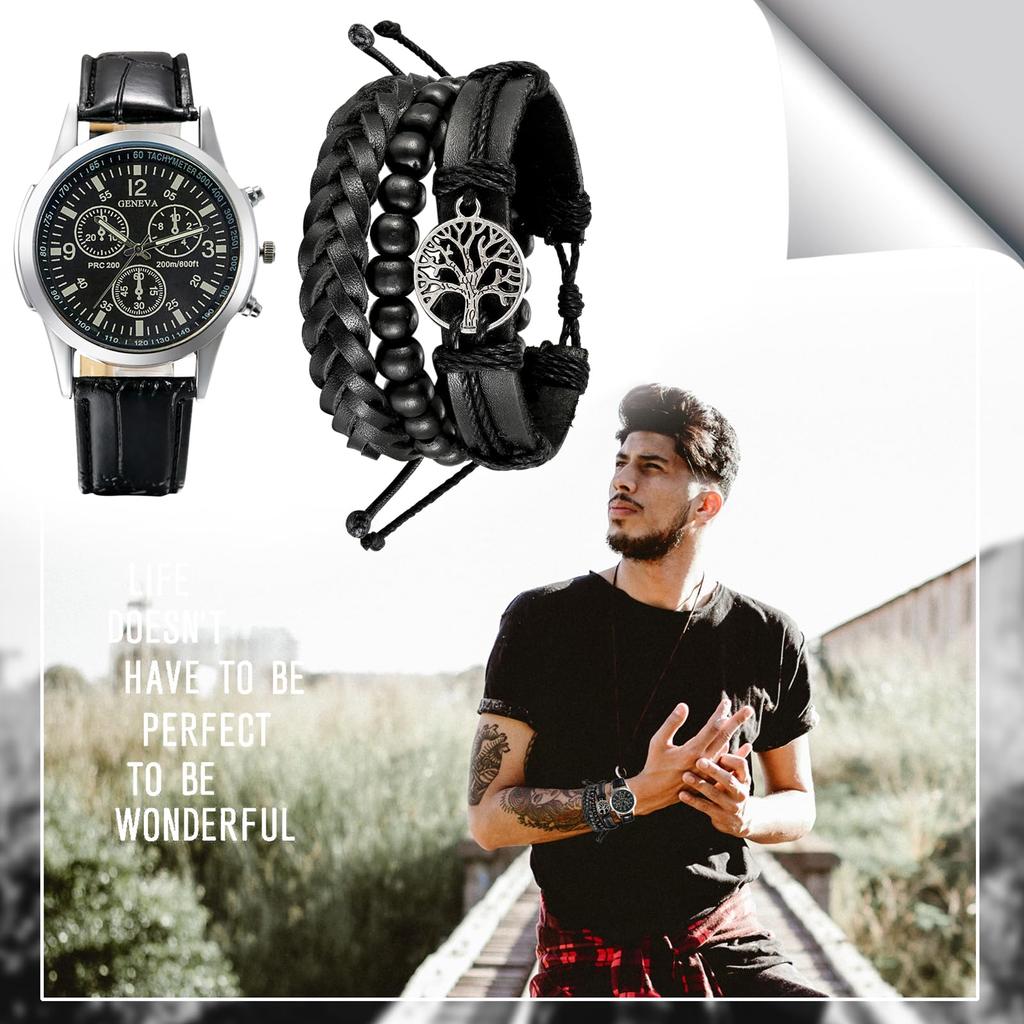 Крутой кожаный браслет, черный браслет Lucky Tree, многослойный, водонепроницаемый, кварцевый, электронный, сделанный в Японии, набор из 2 часов, подарок на Рождество для сына
