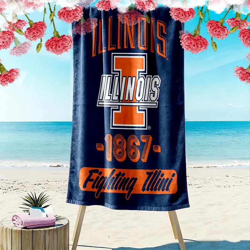 Illinois Fighting Illini Print Beach Towel, Large Soft Quick Dry Towel for Beach Camping Swimming