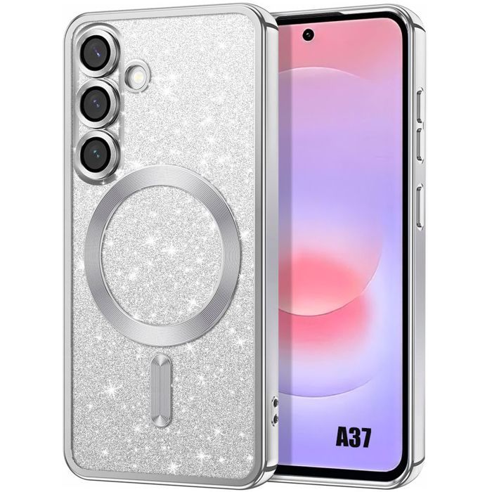 Coque Silicone - BOOLING - pour Samsung Galaxy A37 5G - avec Cercle Magnétique -Argenté Scintillant
