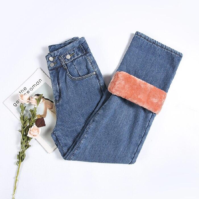 Зимние женские утепленные прямые джинсы с высокой талией, простые флисовые теплые облегающие эластичные женские повседневные джинсовые широкие брюки
