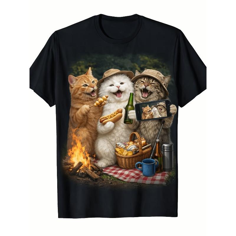 Humorous Unisexs Tshirt with Camping Themed Cat Pattern Printed on It Summer New Unisex Casual Tshirt
