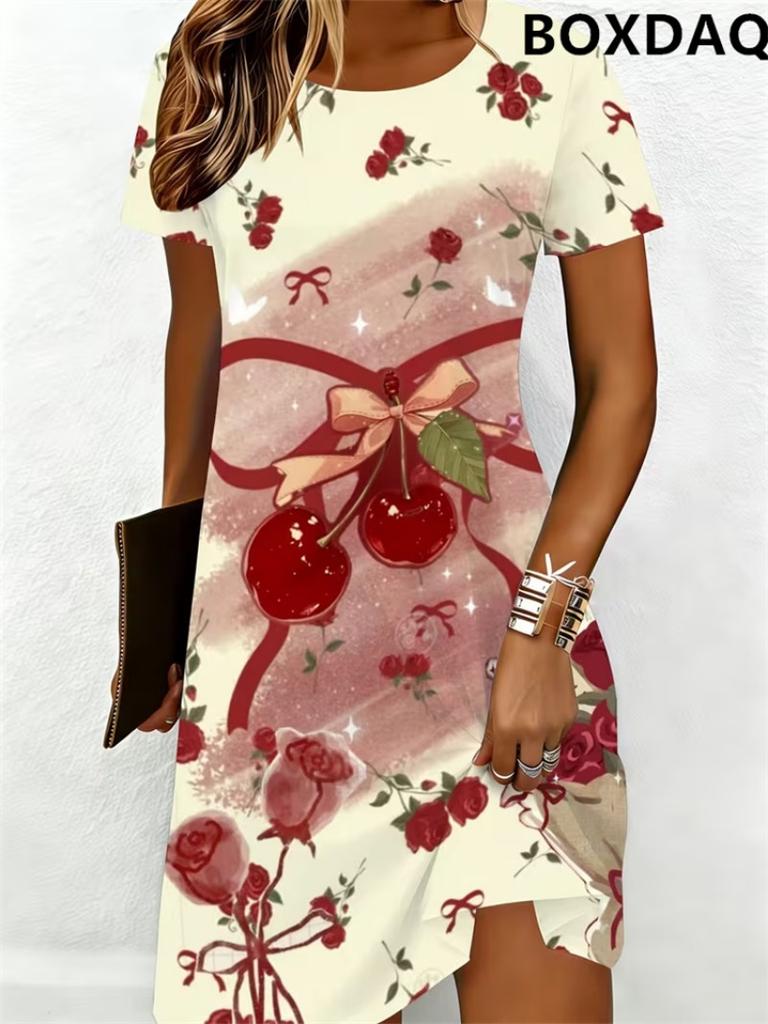 Women's 3d Fruit Cherry Pattern Printed Dresses Summer Fashion Short Sleeve Round Neck Loose Dress Casual Women's Daily Clothing