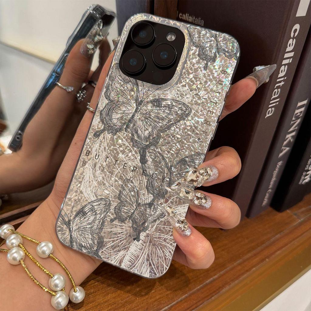 Акриловая задняя панель и ТПУ бампер для iphone 14 18 Pro Max 12 17 Pro Air 11 13 XR 15 XS Max 16 Plus Черная тема "Бабочка" чехол противоударная крышка