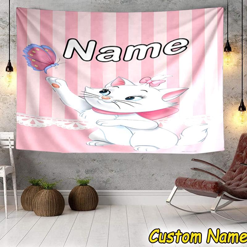 Custom Name Tapestry Elegant white cat Tapestry Room Decoration Wall Hanging for Living Room Bedroom, dormitory, Birthday and Christmas gifts