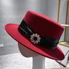 Fashion temperament Light luxury flat top hat Women's retro high-end woolen rhinestone top hat Jazz hat