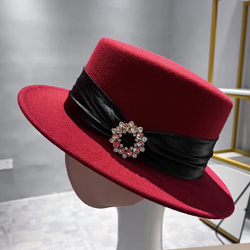 Fashion temperament Light luxury flat top hat Women's retro high-end woolen rhinestone top hat Jazz hat