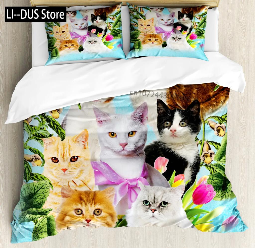 Пододеяльник с котенком и кошкой Милый чехол на одеяло с животными Комплект постельного белья из микрофибры для питомцев Односпальный/Кинг/Квин для декора спальни девочек, мальчиков, детей