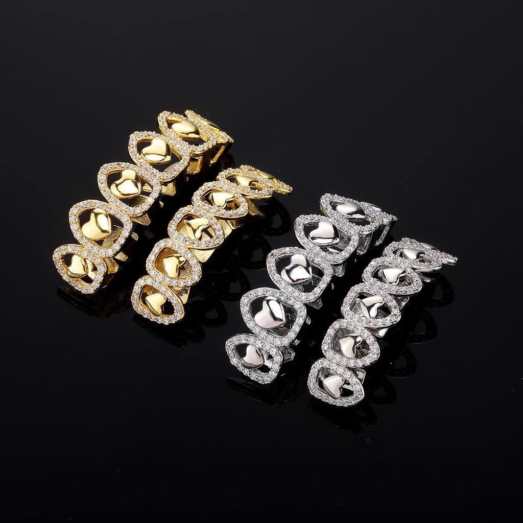 Factory Halloween Jewelry Gold Silver Metal Color Plating Brass and Zircon Six Piece Hollow Out Heart Hip Hop Grillz