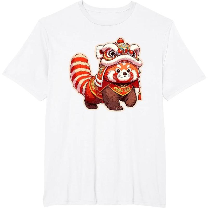 Chinese New Year Tshirt Red Panda Lion Dance Lunar New Year Kawaii Clothing Pattern Cotton Tshirt 2025 Womens Tshirt