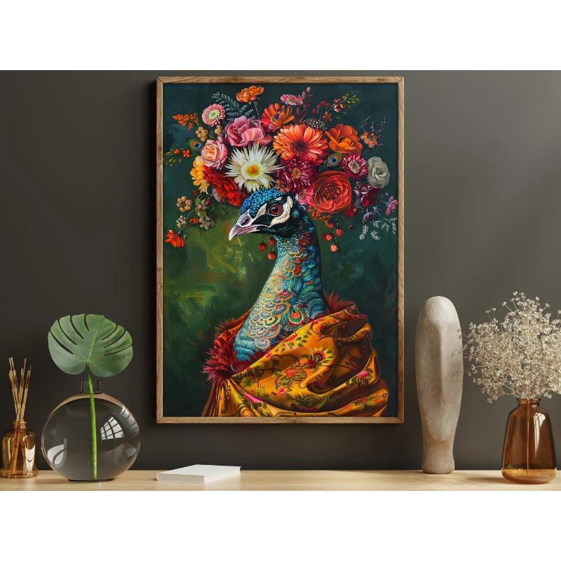 Vintage Maximalist Floral Animal Painting Golden Retriever Lion Owl Peacock Raccoon Wolf Canvas Print Decorations for Wall Art